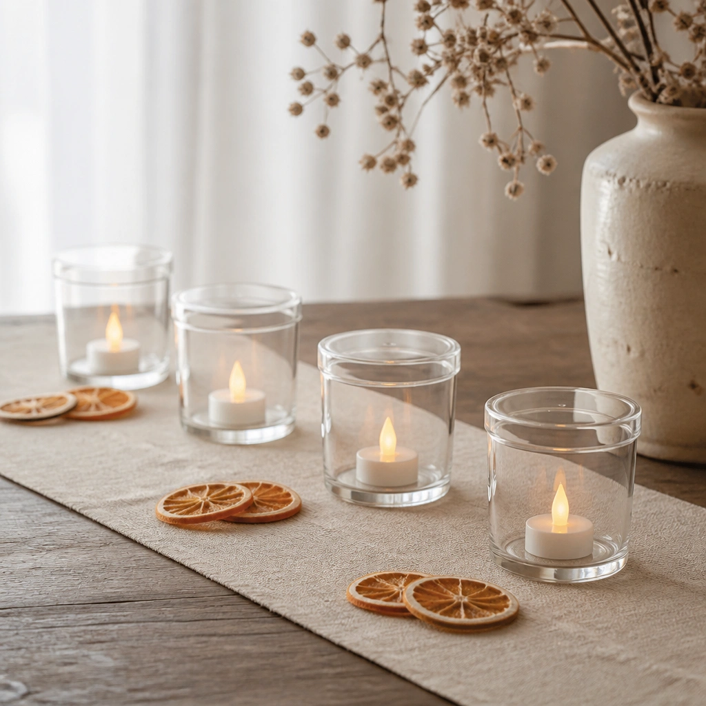 Clear glass votive holders with LED tea lights; each glass has a small lid or sleeve; the setup is spaced evenly across a runner with dried orange slices nearby.