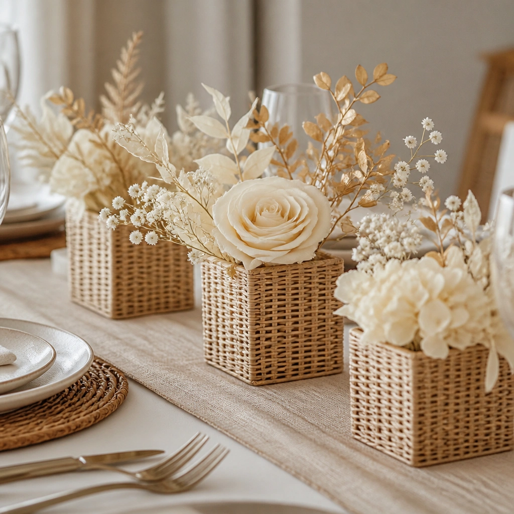 Small rattan cube planters used as bud-vase containers; inside are single-color stems in cream and pale gold; the cubes sit on a beige runner between plates.