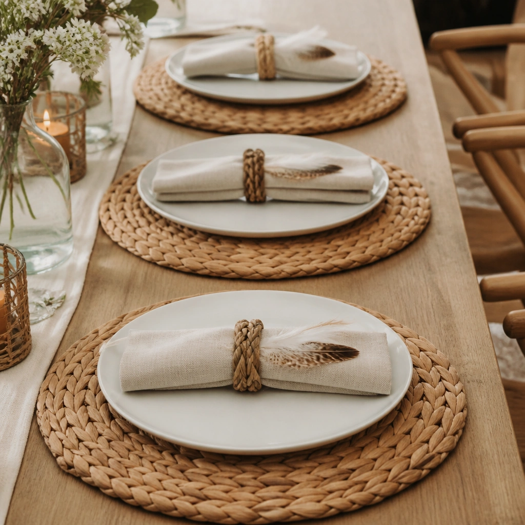 Natural woven placemats under white plates; napkins are folded into thirds and wrapped with braided twine and small feather accents; three napkin ring styles are repeated down the table.