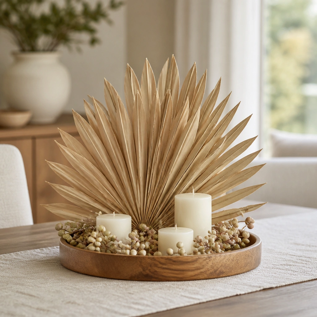 A round wooden tray holding a fan of dried palm fronds; around the base are small faux berries and a few cream candles; the tray sits centered on a table runner.