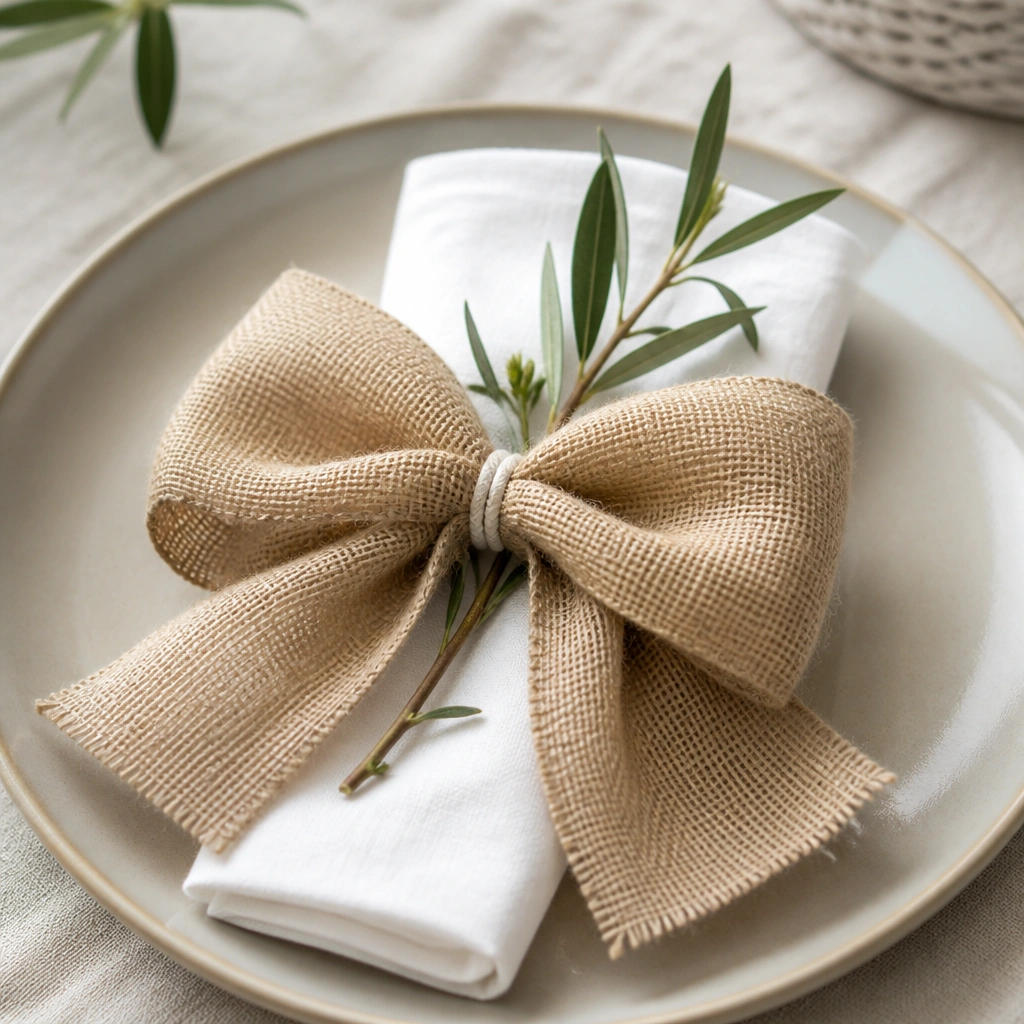 A large jute bow tied around a napkin holder using a thin elastic band; the bow looks full and airy; the napkin is placed on a neutral plate with a small sprig garnish.