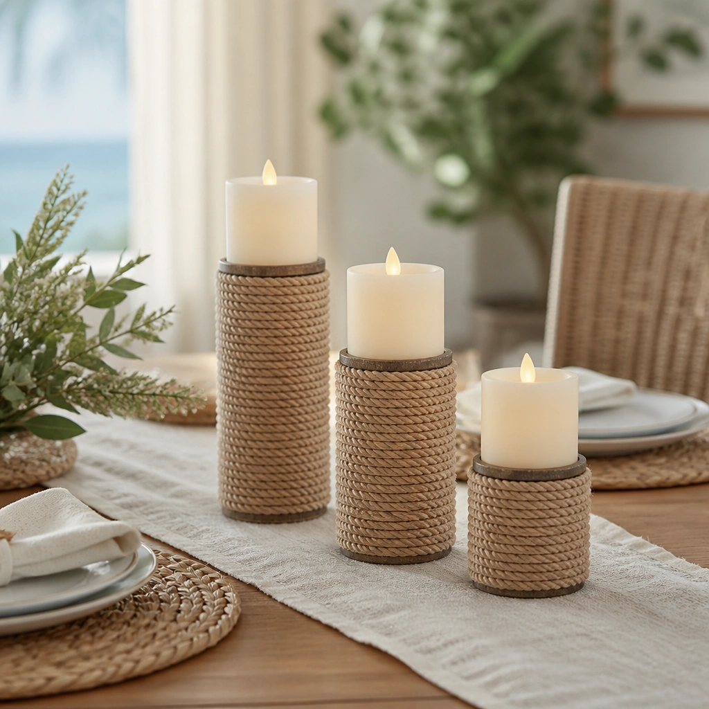 Small candle stands wrapped in natural rope; LED pillar candles sit on top; the stands are arranged in a staggered line along the table center.