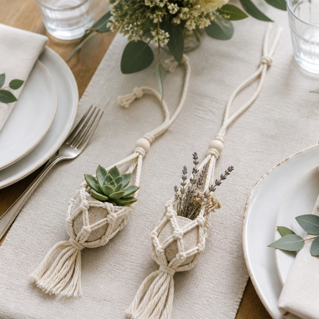 Two small mini macramé hangers positioned near place settings; each holds a small faux succulent or dried sprig; the hangers are tied with adjustable cords over the runner.