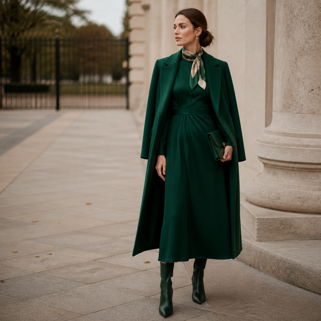 A model wearing a deep emerald midi dress with long sleeves, paired with a matching wool overcoat and closed-toe heeled boots. A slim clutch sits at the hip, and a silk-like scarf is tucked neatly at the neck.