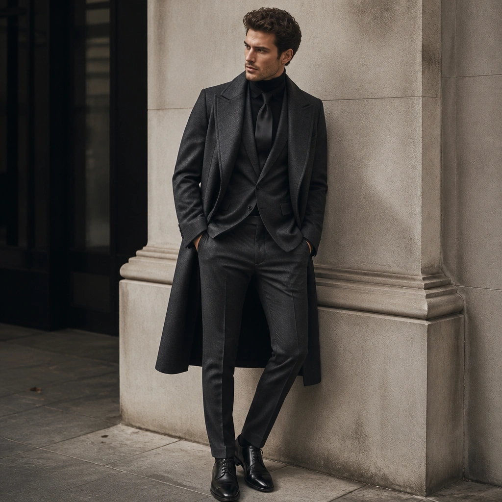 A men’s look featuring a charcoal wool suit with a fitted turtleneck underneath and a satin-finish black tie. The model wears polished black leather dress shoes and a long overcoat in dark gray.