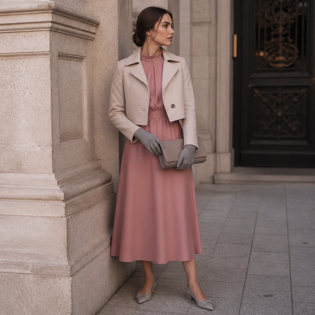 A midi dress in dusty rose with long sleeves, layered under a cropped tailored coat. The model wears slim gray gloves and pointed-toe flats with a structured clutch.