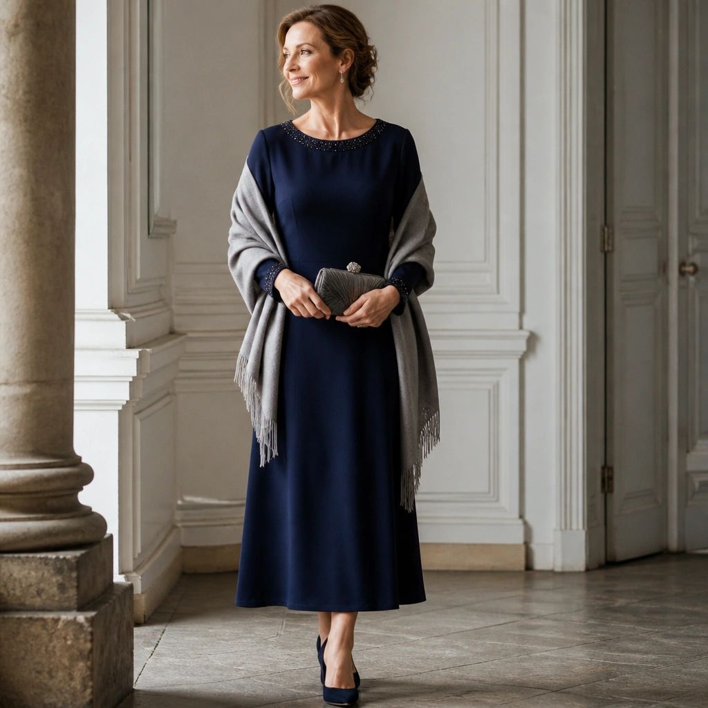A dark navy long sleeve dress with subtle sequin accents at the neckline and sleeves, paired with a soft gray wool shawl. The model wears closed-toe pumps and a small clutch.