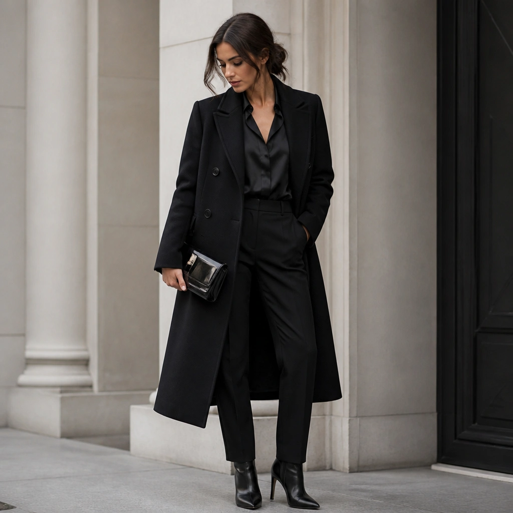 A monochrome outfit with a black tailored suit, a silk-look blouse underneath, and a longline black overcoat. The model wears sleek ankle boots and a glossy black clutch.