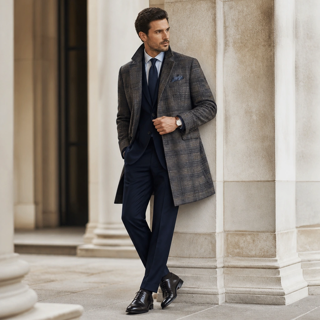 A men’s outfit with a plaid overcoat over a solid navy suit, plus a knit pocket square peeking from the jacket. The model wears dark leather oxfords and a slim watch.