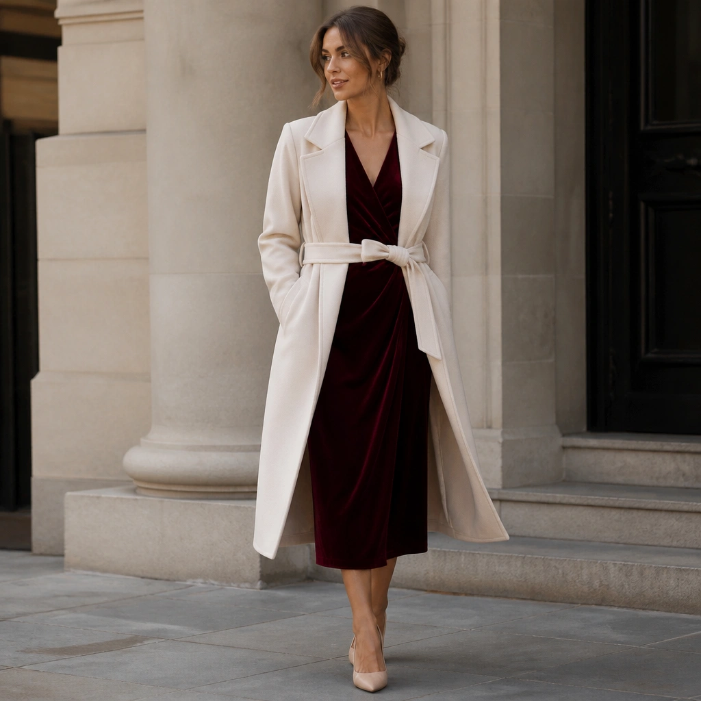 A deep wine velvet midi dress paired with a cream tailored wrap coat, showing a defined waist belt. The outfit includes nude pointed-toe heels and small gold hoop earrings.