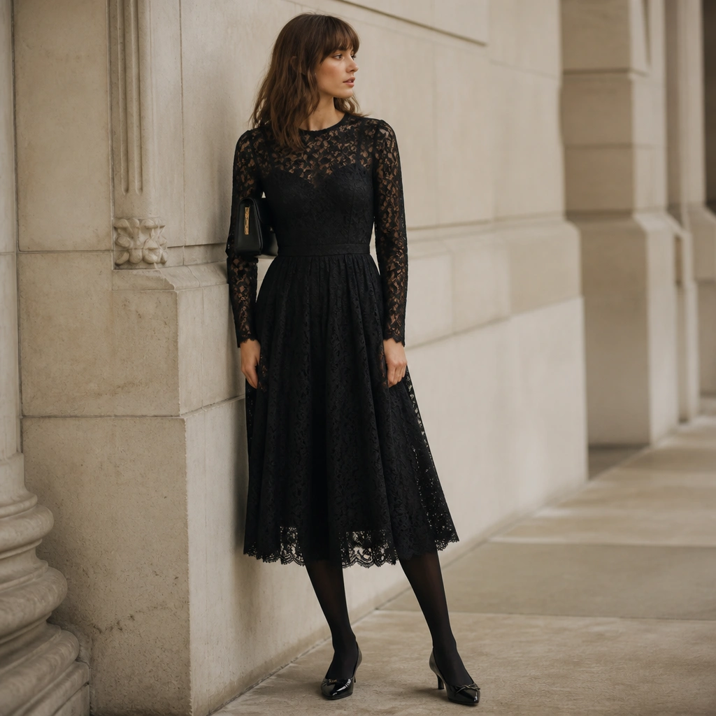 A tea-length lace dress with long sleeves and a fitted waist, worn with opaque black tights and low-heel dress shoes. A structured mini bag sits under the arm.