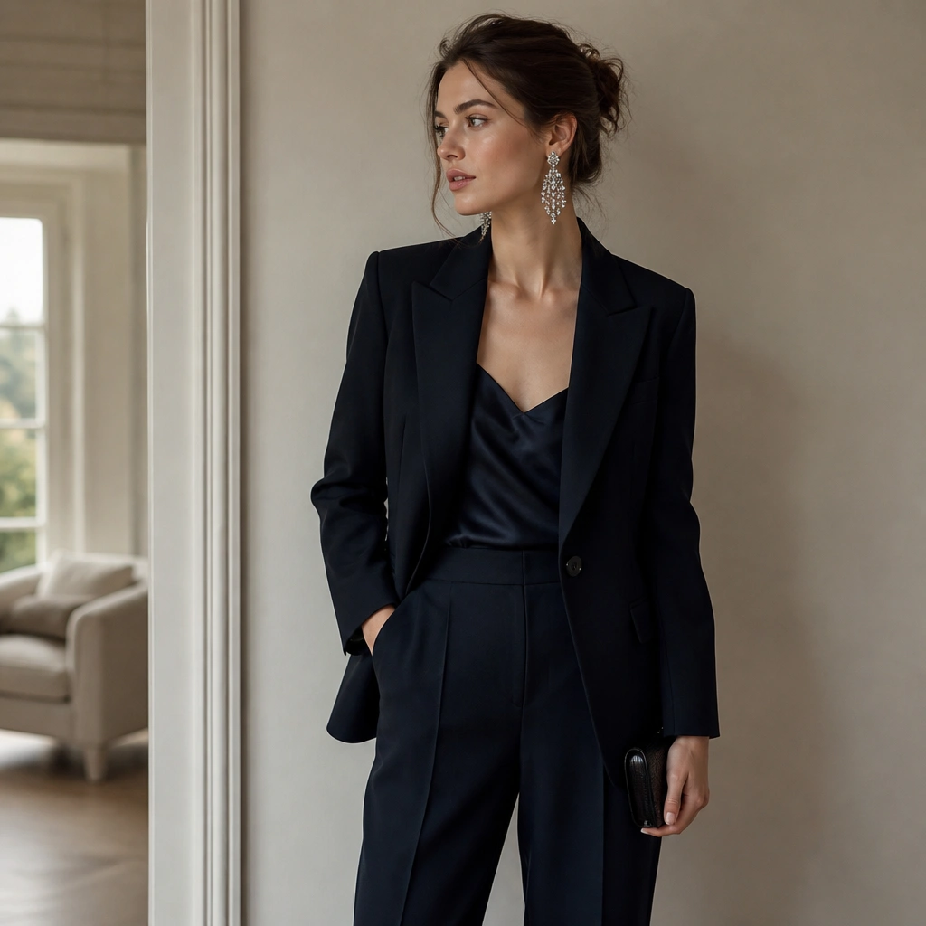 A navy wool-blend blazer and tailored trousers with a satin camisole peeking at the neckline. The styling includes a pair of bold chandelier earrings and a small clutch.