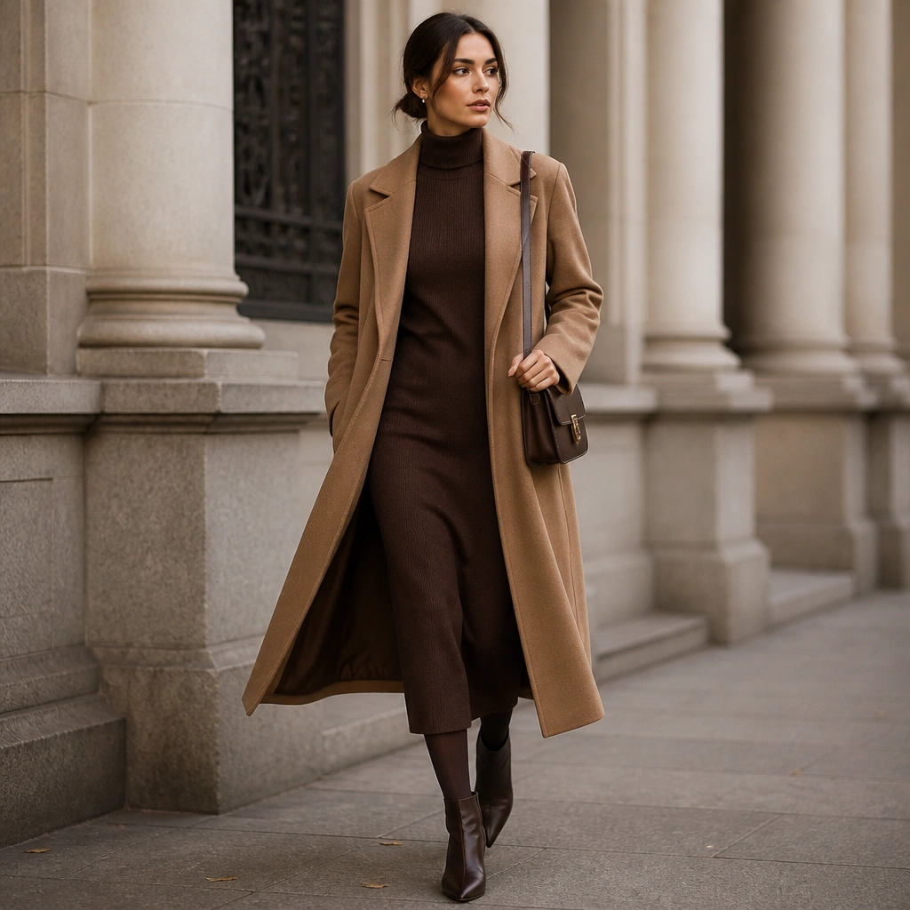 A chocolate brown turtleneck midi dress layered with a long formal overcoat in camel. The look includes dark tights, pointed ankle boots, and a structured shoulder bag.