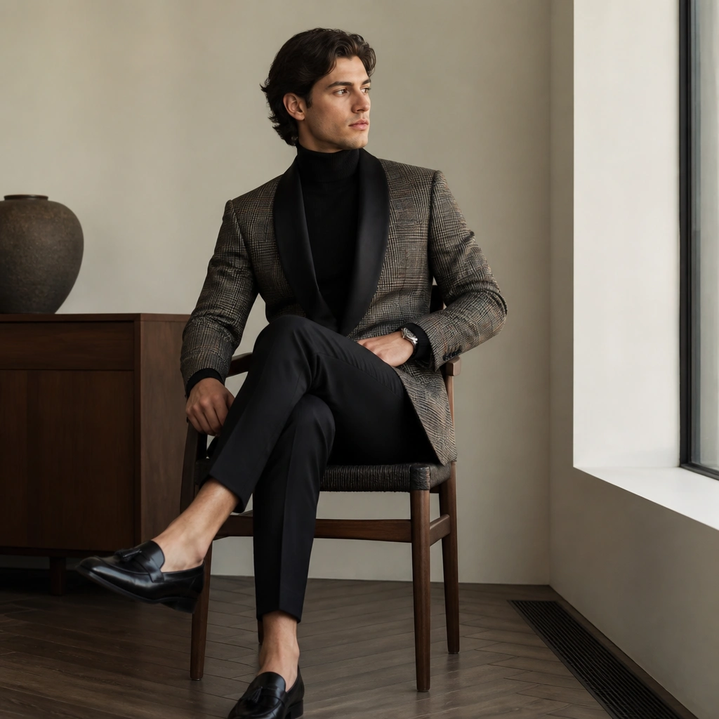 A tailored plaid blazer with satin-like lapels over a black turtleneck and black tailored trousers. The outfit is styled with polished black loafers and a sleek watch.