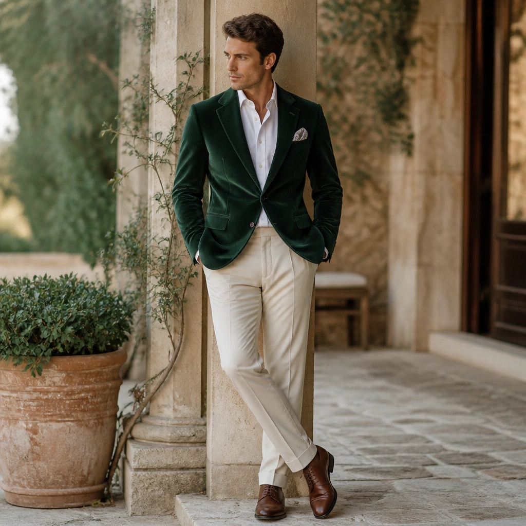 A forest green velvet jacket paired with cream trousers and a white dress shirt. The look shows a pocket square and brown leather dress shoes.