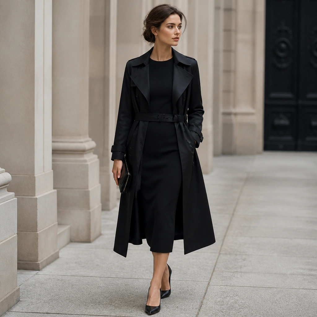 A fitted black column dress with long sleeves worn under a belted black trench coat. The look includes black pumps, a glossy clutch, and minimal jewelry.