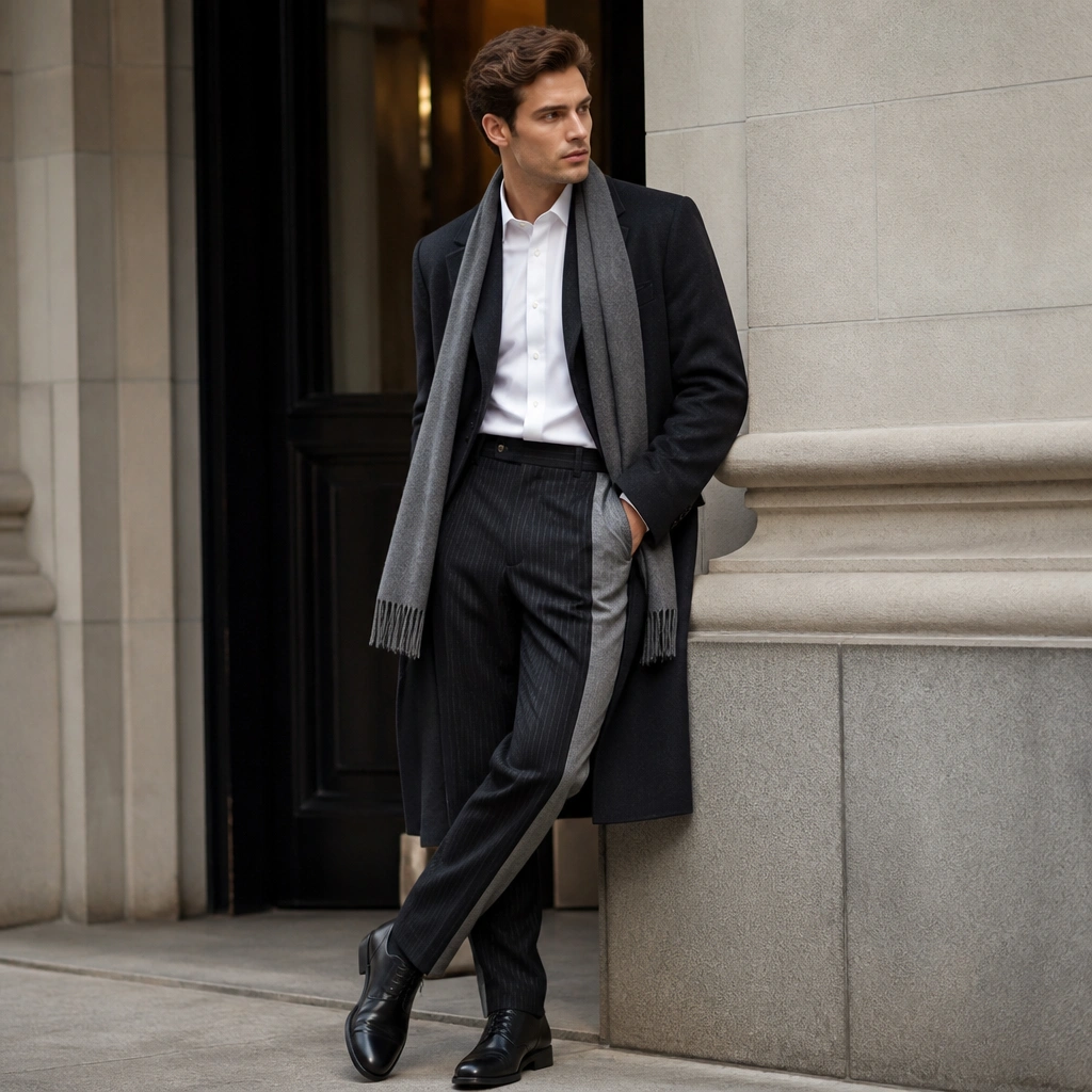 A tailored two-tone trouser (charcoal with a subtle stripe) paired with a crisp dress shirt and a wool scarf draped neatly. The outfit includes a long overcoat and polished leather shoes.