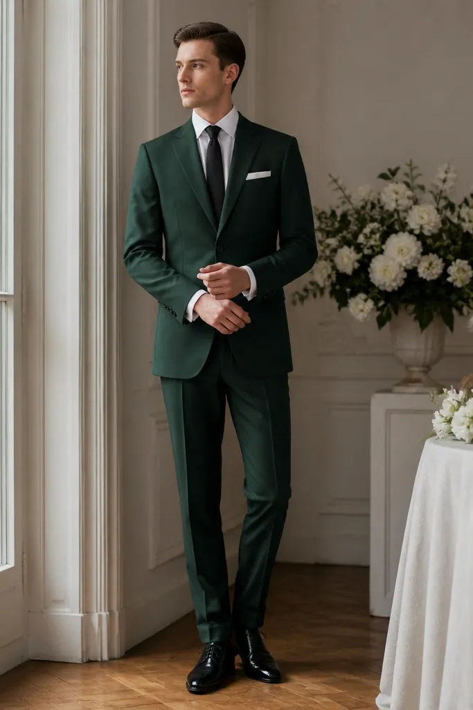 A deep emerald green tailored wool suit jacket and trousers with a crisp white poplin button-down, a simple black silk tie, a folded white pocket square, and sleek black patent leather oxford shoes. The scene looks like an elegant indoor wedding photo with soft lighting.