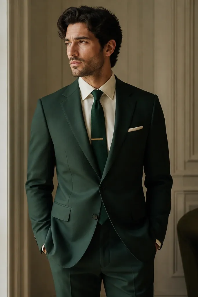 A deep forest green suit with a warm cream dress shirt, a dark green silk tie, a small gold tie clip centered at mid-chest, and a matching cream pocket square. The trousers are flat-front and neatly pressed.