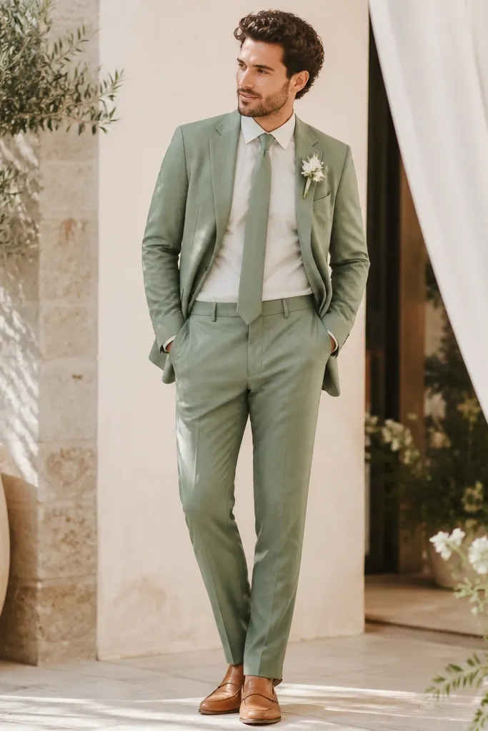 A light sage green linen-blend suit with slightly relaxed folds, an ivory linen/cotton shirt, a minimal sage tie, and tan leather loafers. The image shows bright daylight and a soft, airy wedding vibe.