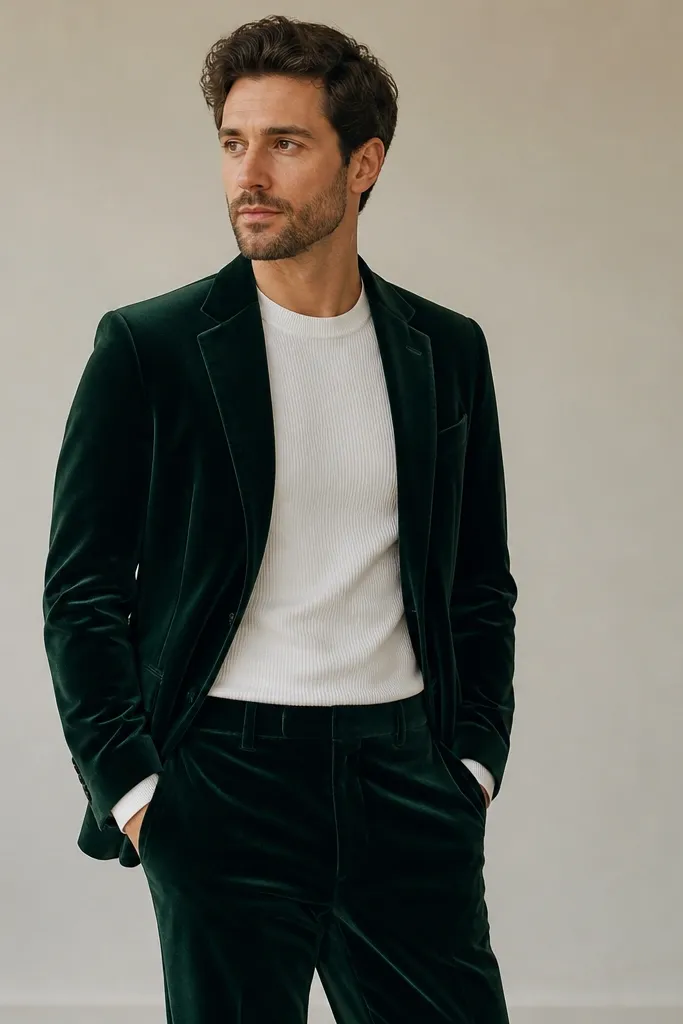 A rich dark green velvet blazer paired with matching velvet trousers, styled with a clean white crewneck knit shirt. The velvet has a soft sheen, and the look is photographed against a neutral background.