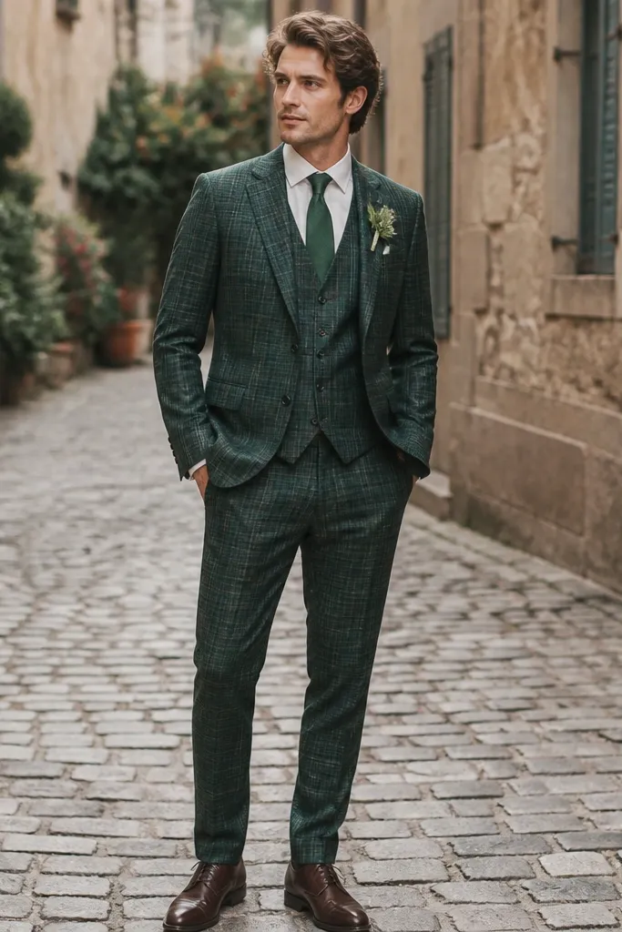 A two-tone green check suit with a subtle pattern in emerald and muted green, an ecru solid shirt, a restrained green tie, and brown leather derby shoes. The image looks like a styled street-wedding portrait.