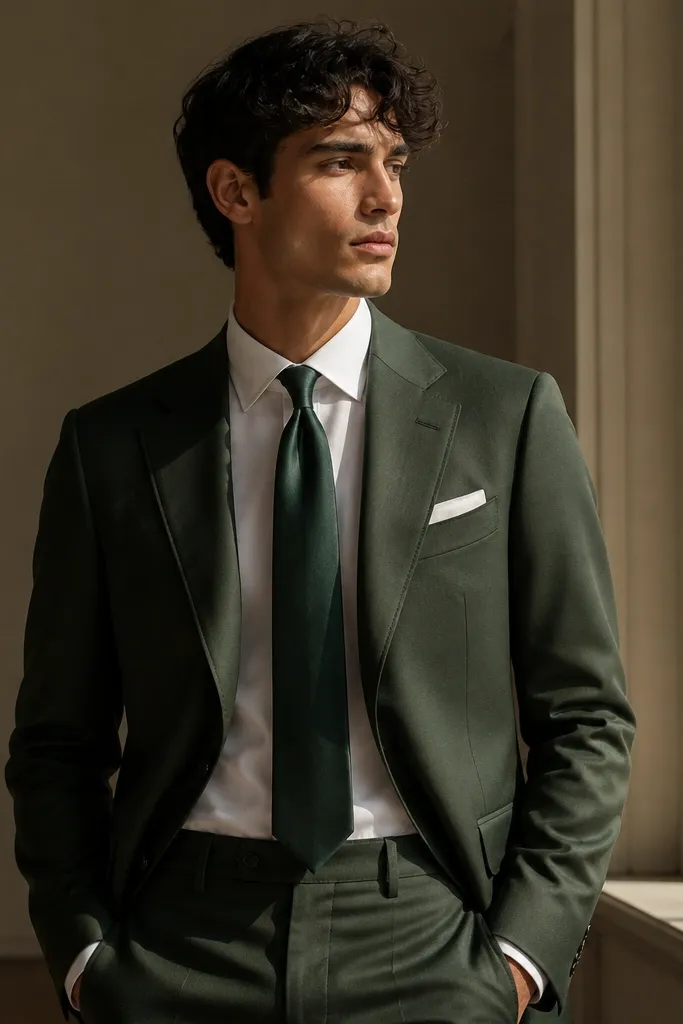 A matte green suit with a deep emerald satin tie, a white shirt, and a simple pocket square with no heavy embroidery. The satin tie catches light, while everything else looks matte and refined.