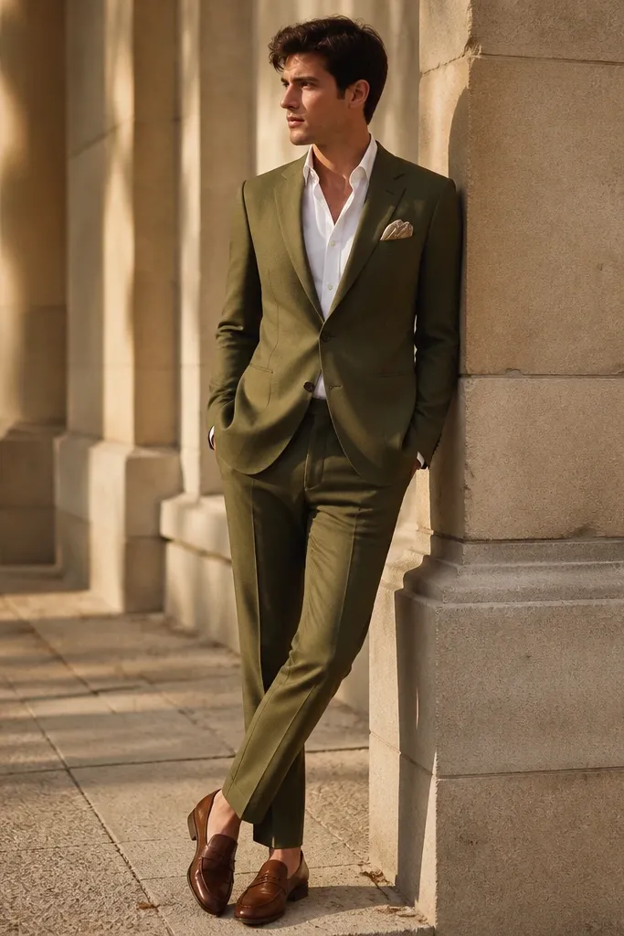 An olive green suit in a textured suiting fabric, a crisp white shirt, a folded pocket square with a subtle white border/tip detail, and cognac leather loafers. The photo is warm-toned, like late afternoon light.