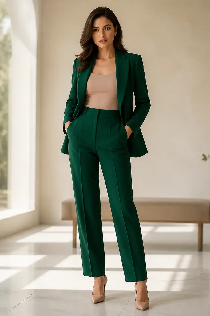 A women’s emerald green blazer paired with high-waisted tailored trousers, a fitted nude or blush top underneath, and nude pointed-toe heels. The blazer has clean lapels and a structured shoulder line.