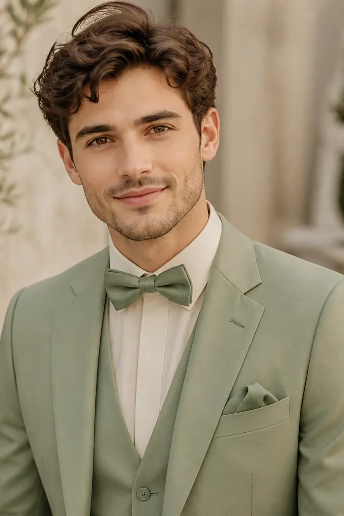 A sage green suit with a matching sage bow tie, a soft beige dress shirt, and a neatly folded matching pocket square. The image shows a classic, charming groom portrait.