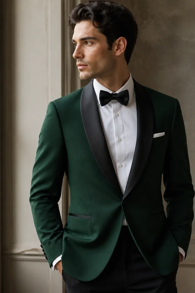 A green tuxedo jacket with satin lapels paired with black trousers, a crisp white shirt, and a black bow tie. The jacket has a formal sheen only on the lapels, while the body fabric looks tailored and matte.