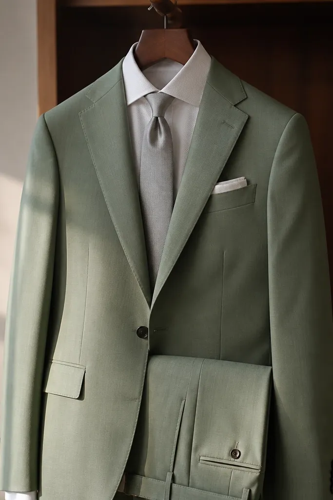 A sage green two-piece suit on a hanger, paired with a white textured dress shirt and a slim silver satin tie; a white pocket square peeks from the breast pocket.