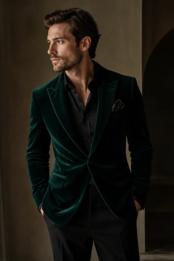 A deep emerald velvet blazer with a matte black trouser, black dress shirt underneath, and a folded pocket square with a subtle gold edge.
