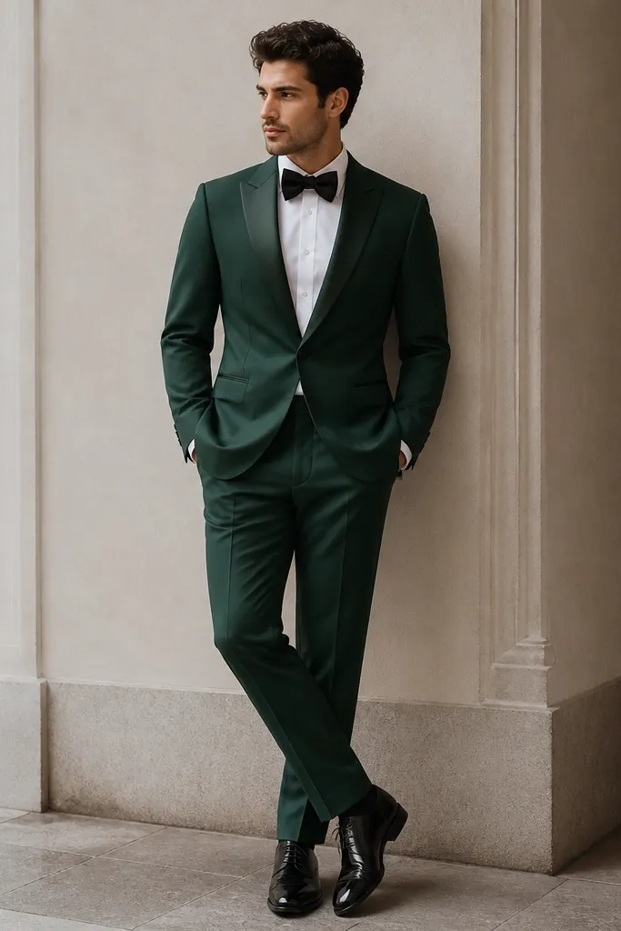 A tailored emerald green suit with a crisp white shirt and a black bow tie; black dress shoes are visible at the bottom of the frame.
