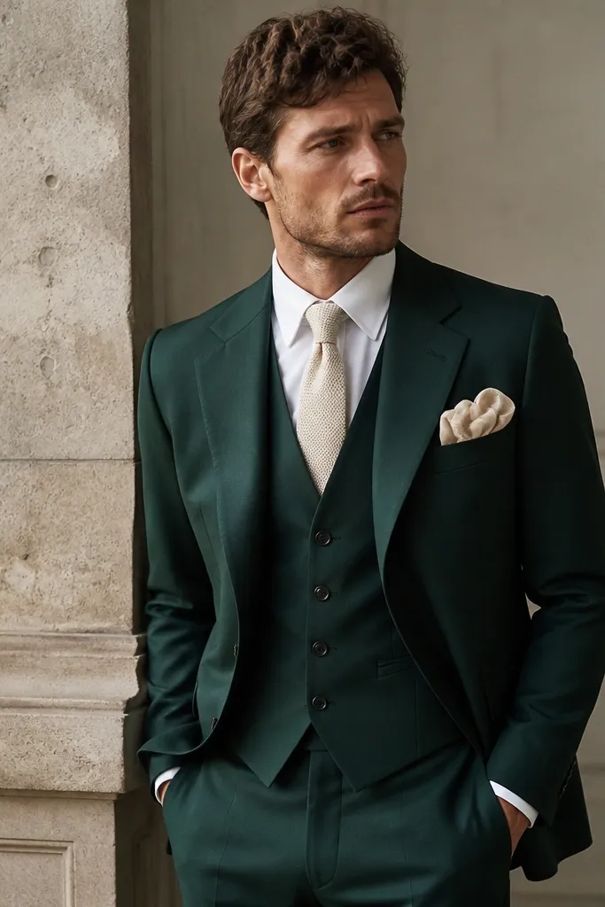 An emerald green three-piece suit with a matching waistcoat and a cream knit tie; a cream pocket square is folded in a casual puff.