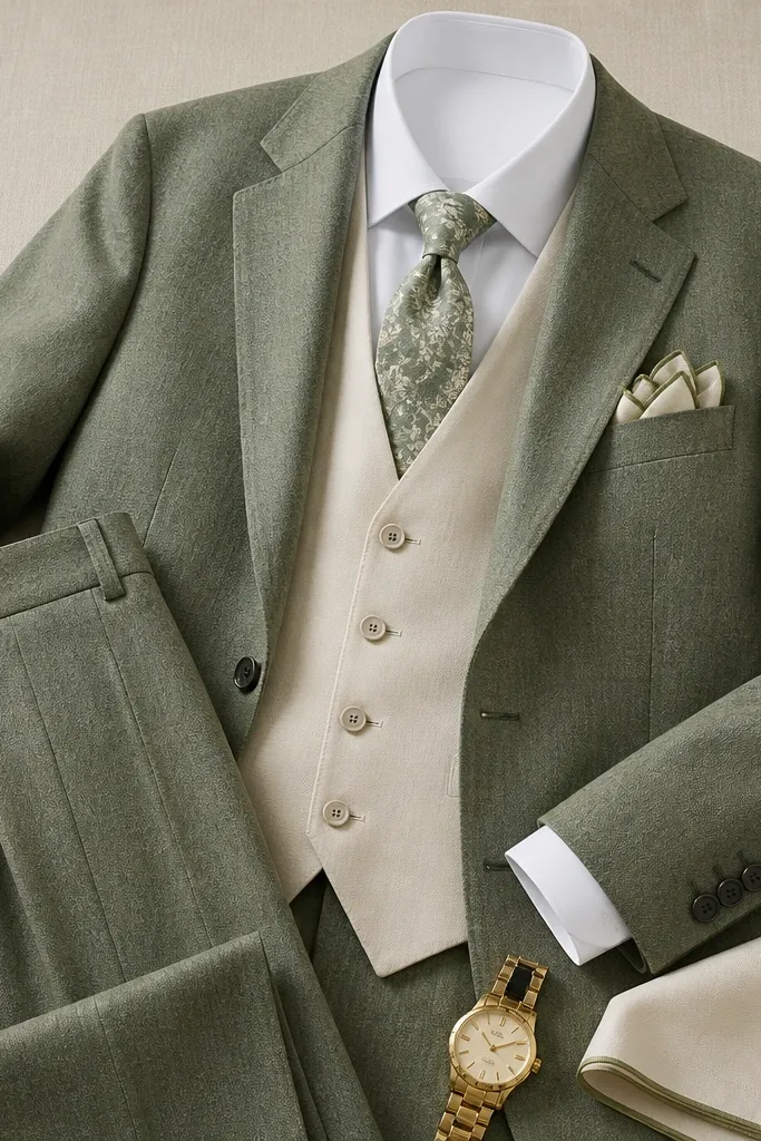 A group photo-style flat lay: a sage-green wool two-piece suit jacket and trousers paired with a cream waistcoat, a white dress shirt, and a patterned sage-and-cream tie. A gold watch and pocket square sit neatly in the foreground.