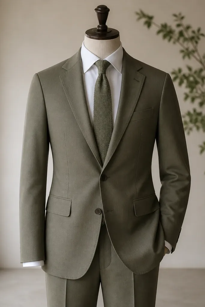 A single groomsman outfit shown on a mannequin: olive-sage suit, crisp white button-down, and a knit tie in muted sage with subtle texture. The cuff shows a hint of white shirt.