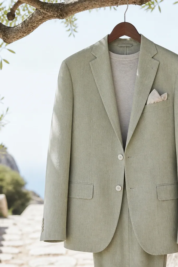 A bright outdoor scene: sage linen blazer and matching trousers on a hanger, with a light gray crewneck underneath and a linen pocket square folded in the jacket breast pocket.