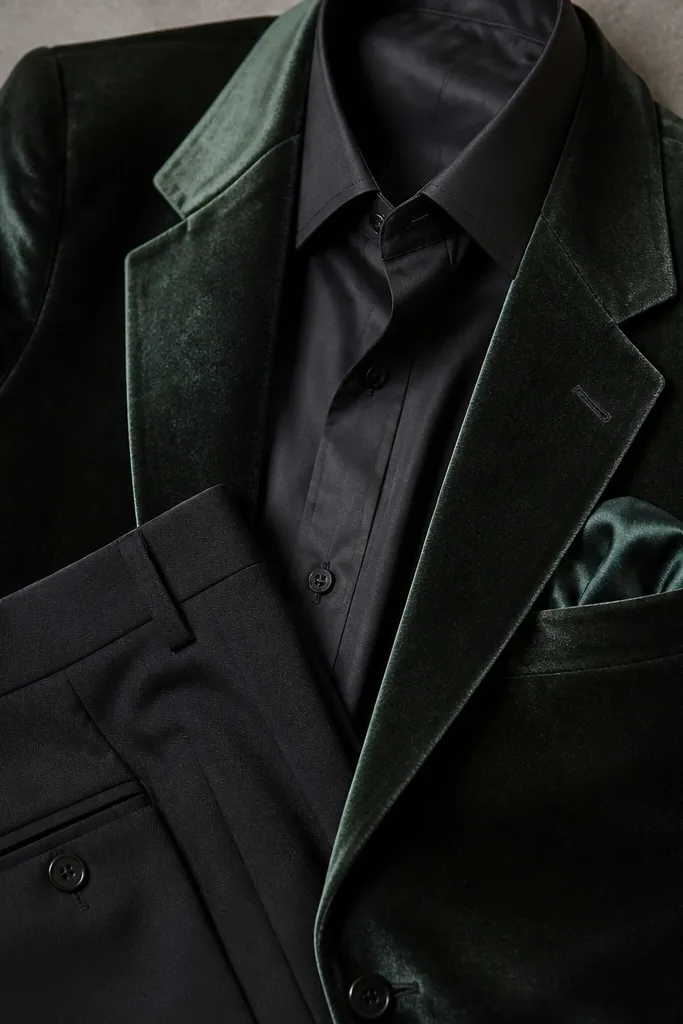 A close-up styled flat lay: a dark sage velvet jacket with a subtle sheen, paired with black tailored trousers and a black satin dress shirt collar. A deep green pocket square peeks from the jacket.