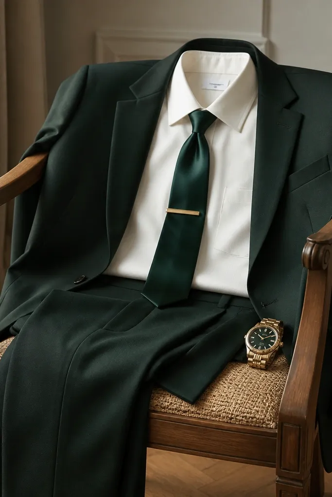 A posed outfit on a wooden chair: emerald suit jacket and trousers, ivory dress shirt, emerald silk tie, and a gold tie clip centered above the waistcoat line. A gold watch completes the look.