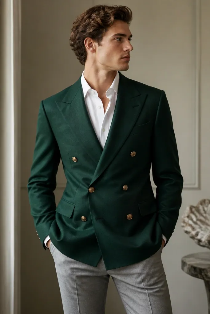 A fashion-forward styling shot: emerald double-breasted blazer with brass buttons, light gray tailored trousers, and a white dress shirt. The blazer is buttoned for a clean V shape.
