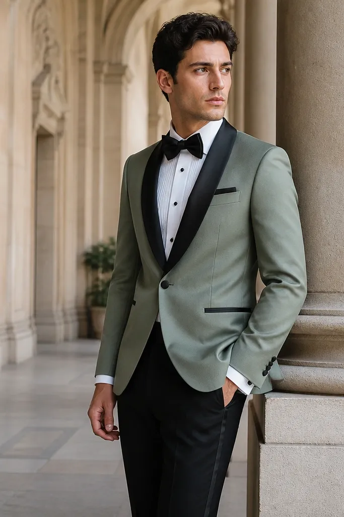 A tuxedo-style look: sage satin or matte jacket with black satin lapels, black bow tie, and a white dress shirt. The trousers are black with a clean stripe detail.