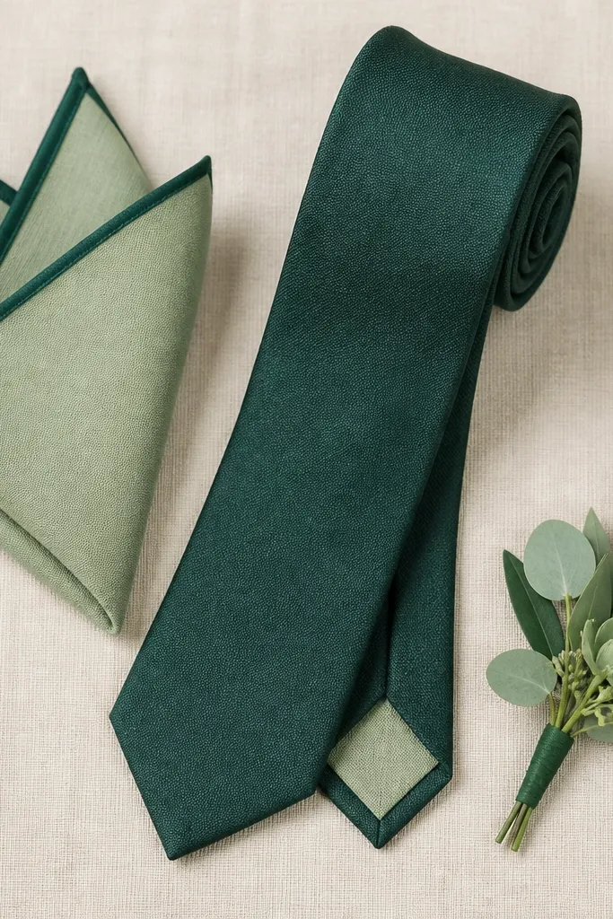 A flat lay of accessories: sage pocket square with an emerald border, emerald tie with a sage lining, and a small boutonniere in sage and dark green leaves. No full suit is shown.