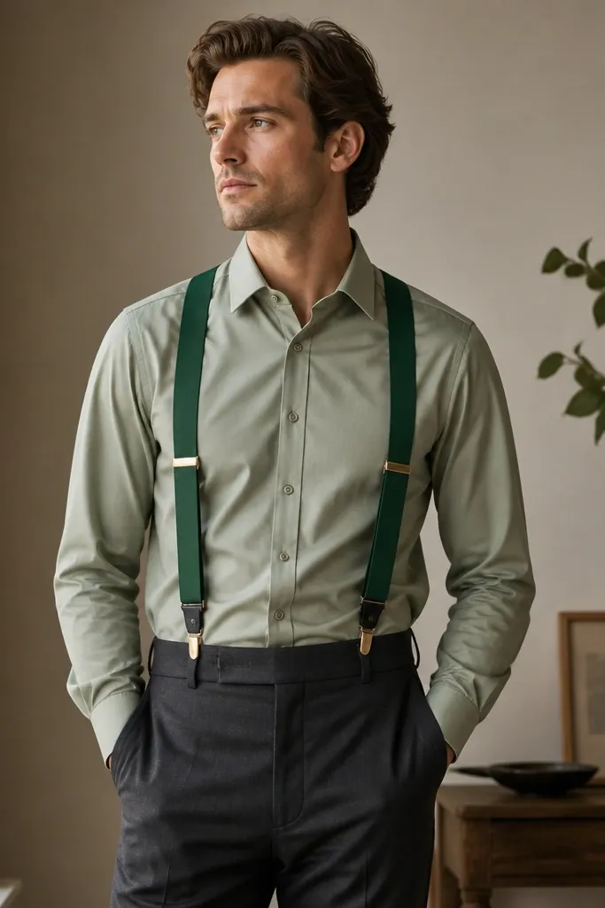 A styling shot: a sage dress shirt paired with dark charcoal trousers and emerald suspenders. A neutral belt is absent, and the suspenders are centered with a simple collar.