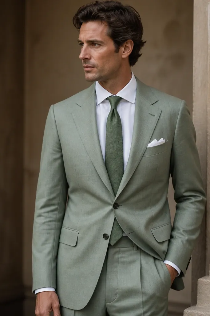 A light sage green tailored suit jacket and trousers paired with a crisp ivory dress shirt; a narrow green silk tie with a subtle sheen; a white pocket square peeking from the breast pocket.