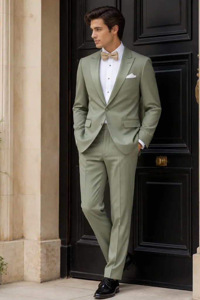 A sage green tuxedo with satin lapels, a white shirt, and a champagne-gold bow tie; the look is styled with polished black dress shoes and a clean white pocket square.