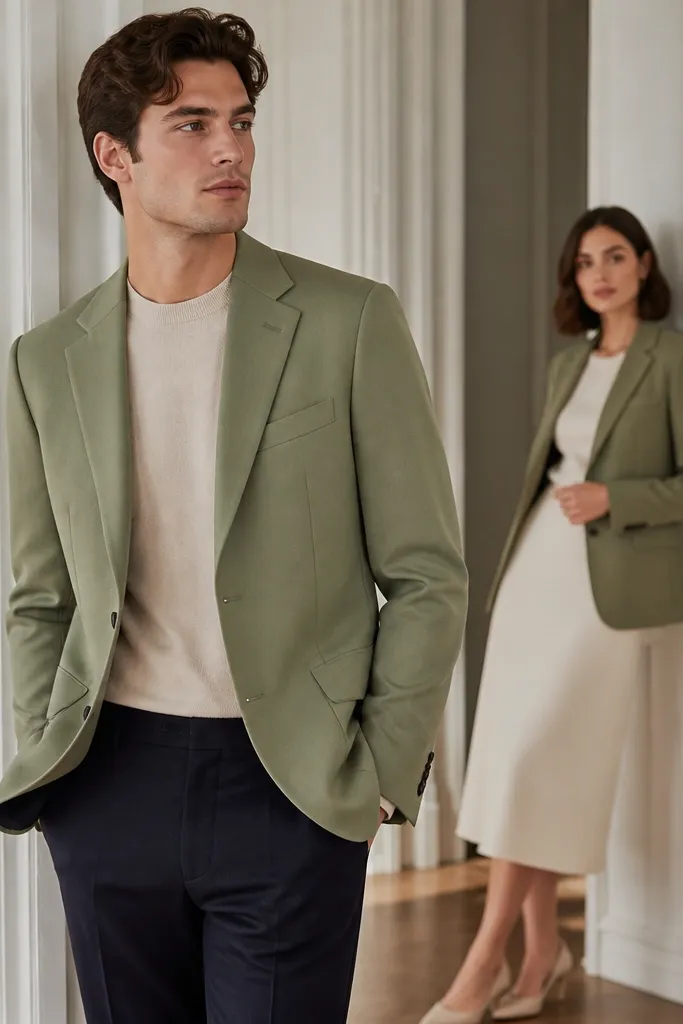 A structured olive-sage blazer worn over a light neutral top, paired with navy trousers; a coordinating women’s look shows the same shade blazer with a cream midi skirt in the background.