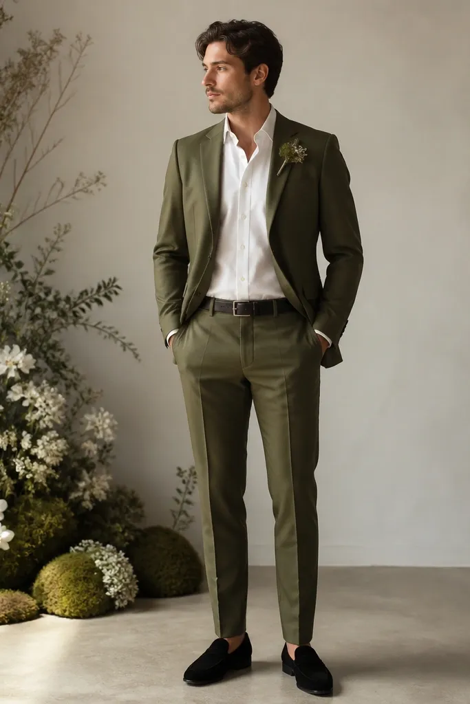A moss green suit with a white dress shirt and a simple dark belt; black velvet loafers with a low shine; a moss boutonniere pinned to the lapel.