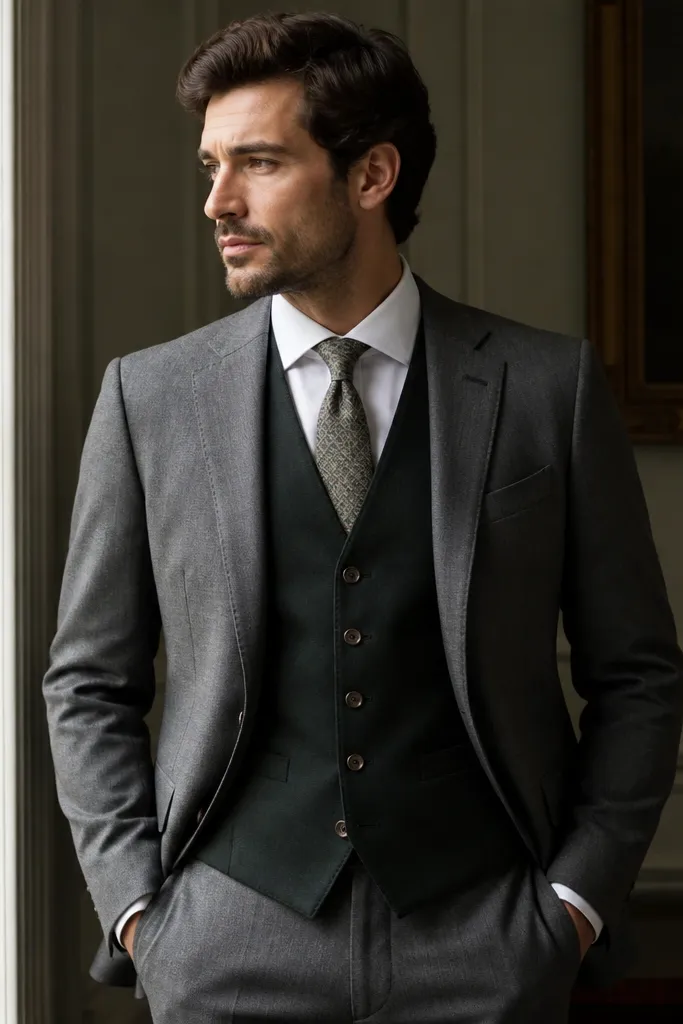 A gray suit with a forest green waistcoat over a white shirt; a subtle patterned tie in muted green tones; the waistcoat buttons are visible and neatly aligned.