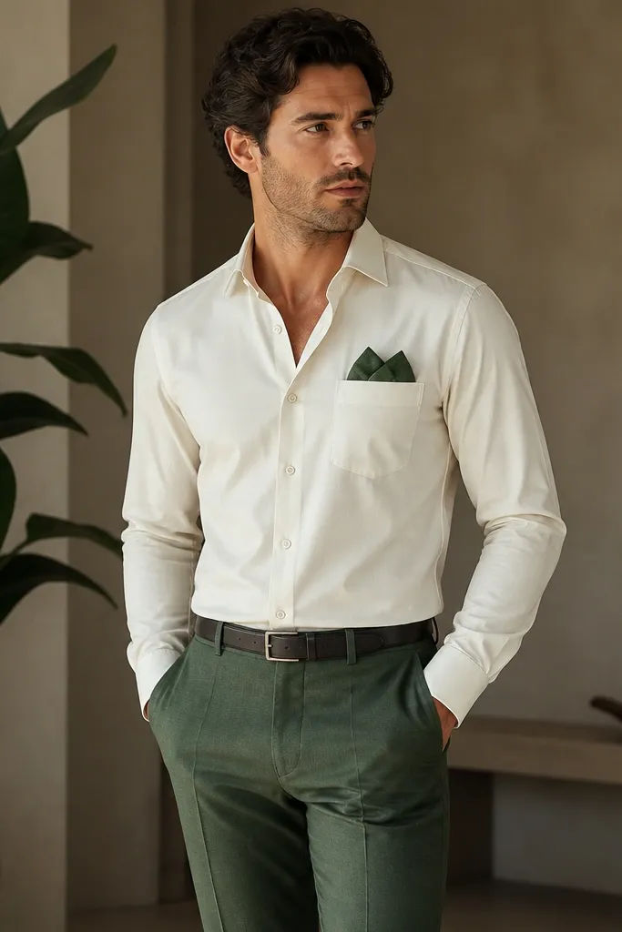 Cream dress shirt tucked into jade green trousers; no tie shown, but an emerald green pocket square folds into the breast pocket; a simple belt with a matte buckle.